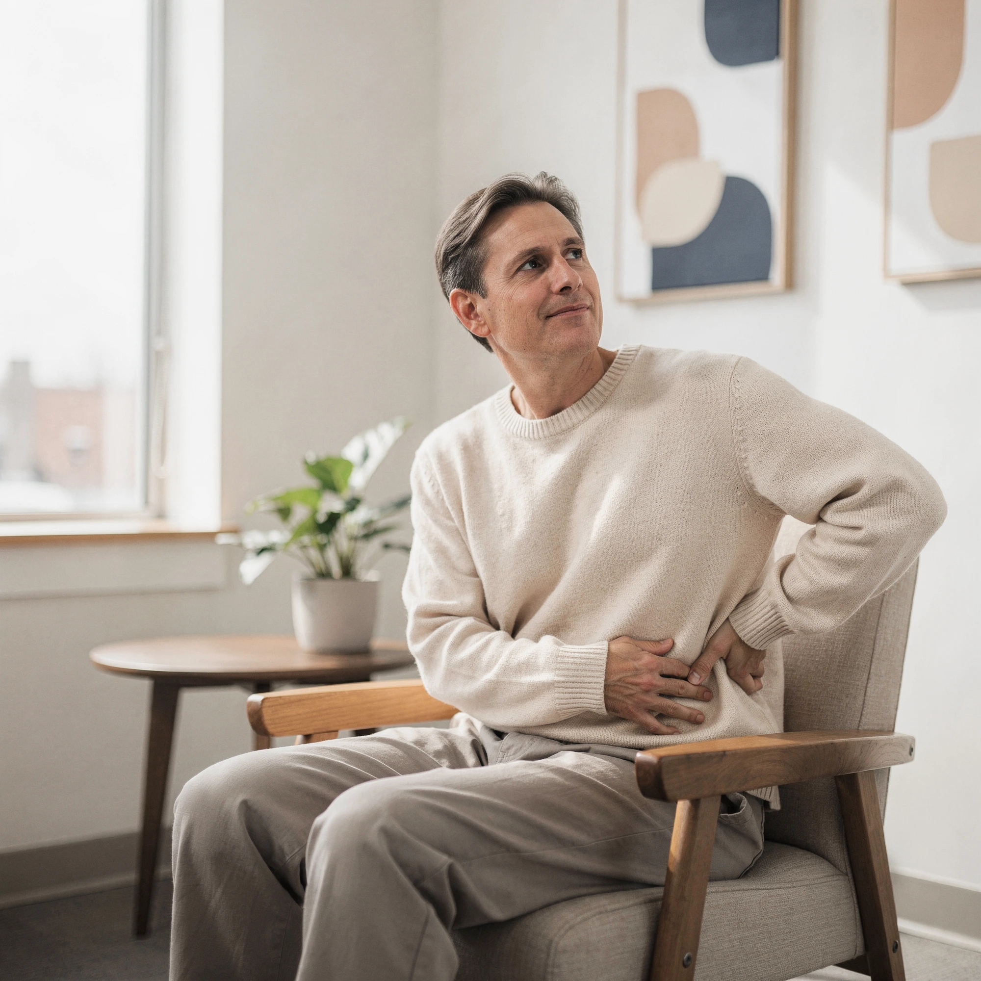 Man sitting in a chair holding his lower back, experiencing pain